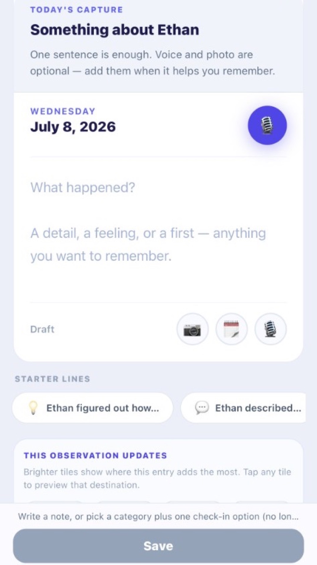 Memo tab — capture a moment in words