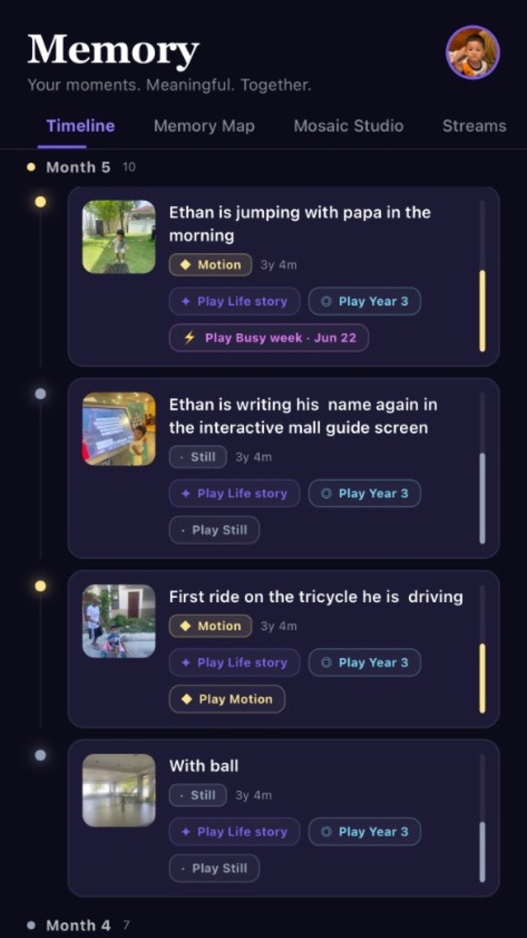 Memories tab photo timeline